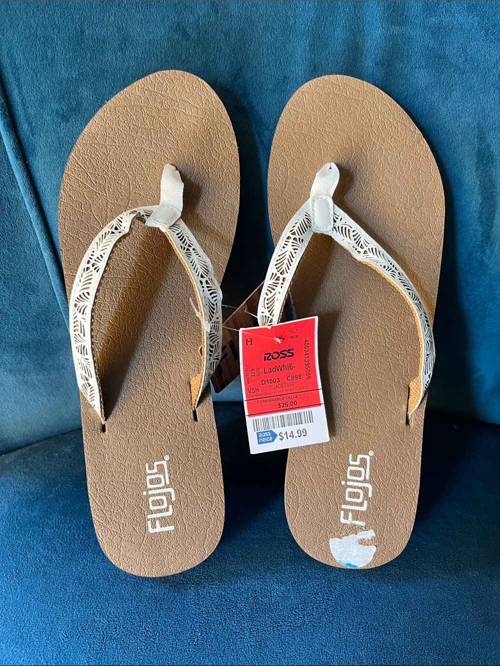 Flojos Women's White Laser-Cut Strap Tan Footbed Flip Flops